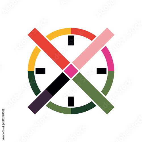 Colorful clock face with crossed lines and multiple colors