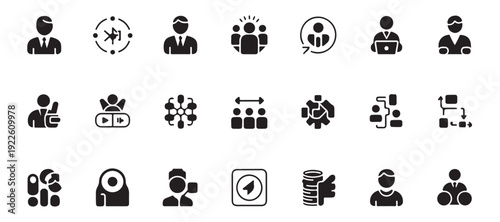 Professional business avatar and teamwork glyph icons set for corporate management and leadership structures
