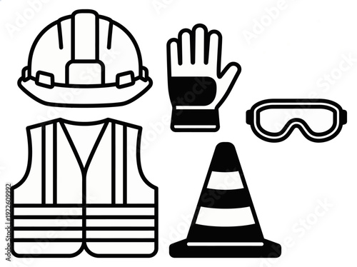 Construction Safety Icons Featuring Helmet, Glove, Goggles, Vest, and Cone in Vector Illustration