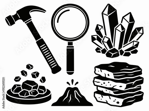 Illustration of geology tools and minerals arranged neatly on a plain surface