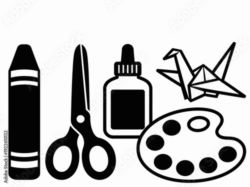 Crayon, scissors, glue, origami, and palette arranged on a clean surface in a simple black and white illustration