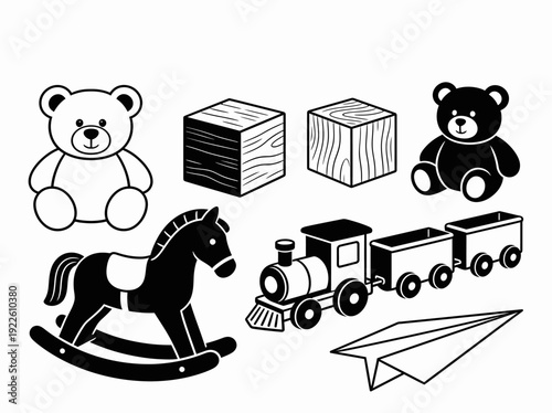 Black and White Toy Collection Featuring Teddy Bears and Train Set Vector Illustration