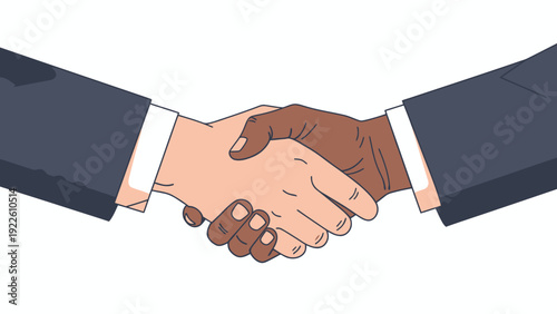 Illustration of two men of different skin tones shaking hands wearing dark suits
