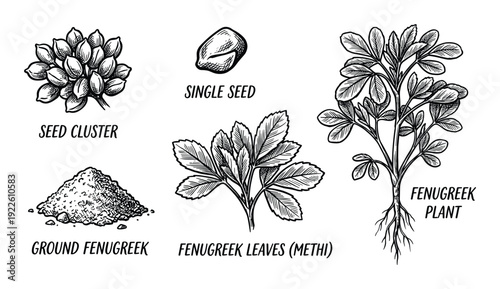 Fenugreek plant illustration, seed cluster, leaves, ground fenugreek, single seed sketch drawing
