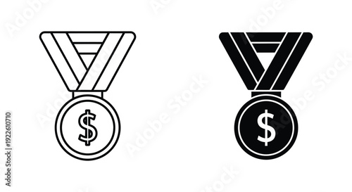 Set of minimalist dollar sign medal icons representing financial achievement, monetary rewards, and business success for corporate incentives and performance bonuses.