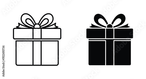 Minimalist gift box icon set featuring outline and solid silhouette styles for holiday shopping, birthday celebrations, and e-commerce retail design on white background.