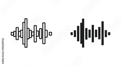 Minimalist black and white audio sound wave icons representing music frequency and voice recording levels for podcasting and digital media design.