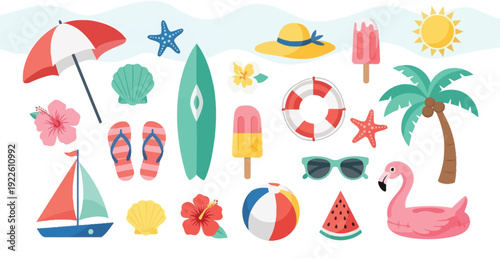Summer vacation icon collection. Includes beach, tropical, and holiday symbols. Created in colorful flat style with pastel palette.