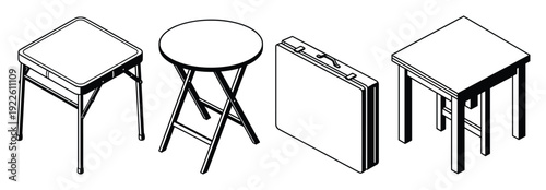 Folding tables and stools vector illustration, isometric view, furniture