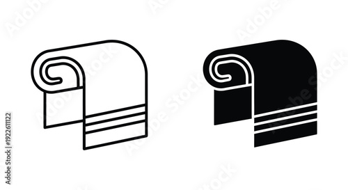 Minimalist towel icons in outline and solid glyph styles for spa, bathroom, and fitness center branding and interface design.