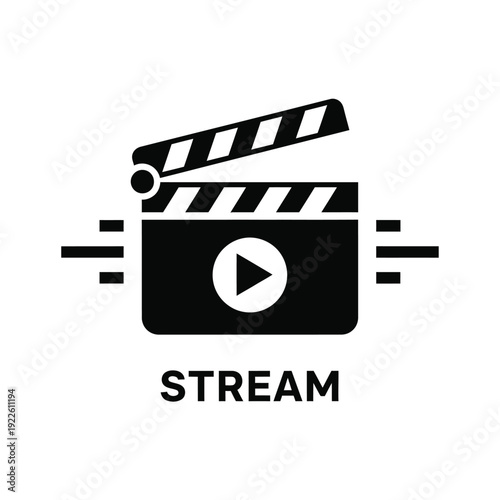 Vector illustration icon black and white clapboard with play button and stream text
