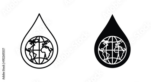 Set of minimalist water drop icons with a globe inside, symbolizing global water conservation, environmental sustainability, and the protection of earth's natural resources for ecological awareness.