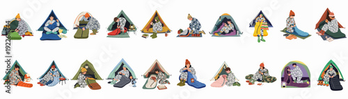 Collection of diverse people in cozy pajamas setting up and using sleeping bags inside and outside various tents, enjoying camping and outdoor overnight adventures.