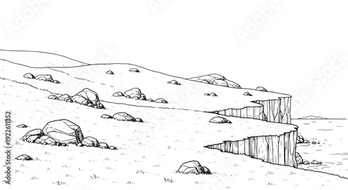 Ocean Cliff Side with Rocks Hand Drawn Sketch