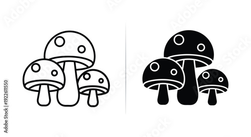 Minimalist mushroom and toadstool vector icon set featuring outline and solid black silhouette styles for nature-themed graphic design, forest branding, and mobile app UI elements.