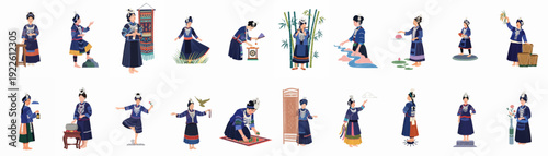Illustrations of Asian Ethnic Women in Traditional Attire Engaging in Diverse Cultural Activities and Traditional Lifestyle Scenes