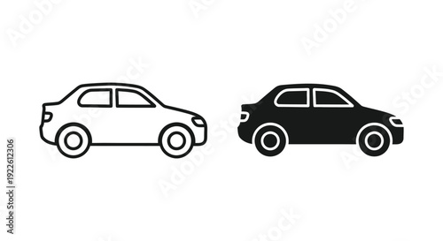Minimalist car icon set featuring outline and solid silhouette styles for automotive app interface and transportation web design