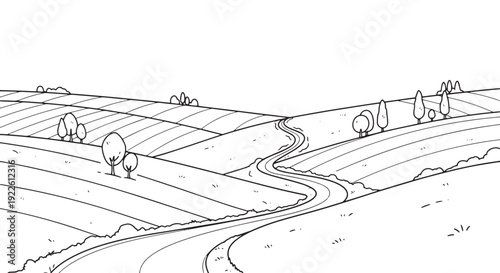 Winding Country Road Through Fields Hand Drawn Art