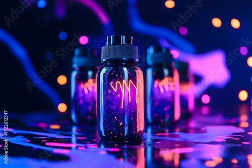 Neon-lit bottles, purple glow, futuristic containers, glowing liquids, decorative vials