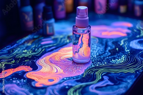 Glowing neon paint bottle, colorful swirling patterns, vibrant art supplies, creative workspace