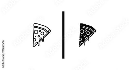 Minimalist pizza slice vector icons in outline and solid black styles, perfect for food delivery app interfaces, restaurant menus, and digital branding.