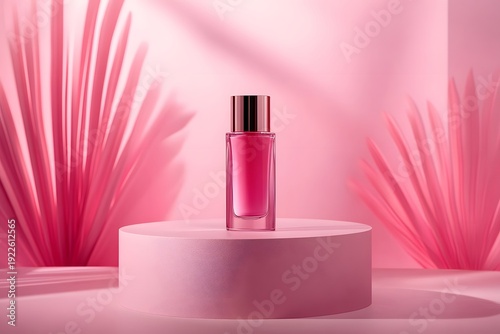 Pink perfume bottle, luxury fragrance, beauty product, cosmetic display