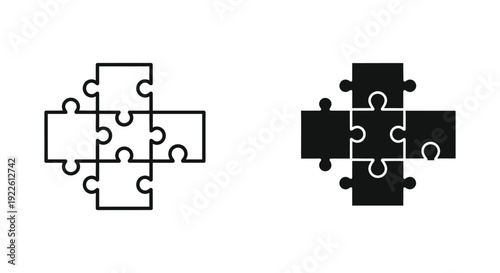 Minimalist jigsaw puzzle pieces forming a cross or plus sign shape in outline and solid black styles, symbolizing collaborative healthcare solutions, teamwork, and strategic problem-solving.