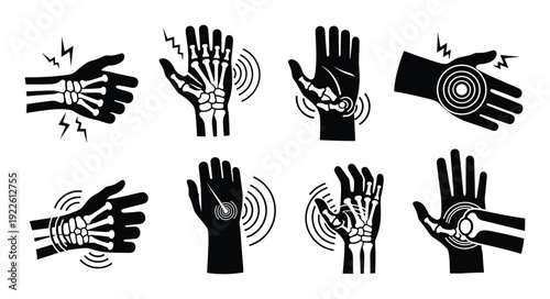 Hand pain vector illustrations. Joint pain, arthritis, rheumatism and hand injury symbols.
