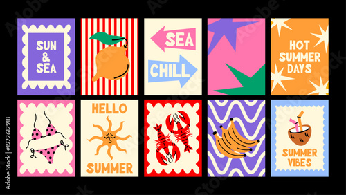 Summer beach posters with bikinis, ocean breeze and minimalist coastal mood. Cartoon-inspired fruits, plants and cocktails for trendy wall decor.