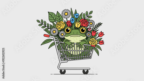 A green frog with large eyes sits in a shopping cart overflowing with colorful flowers and leaves
