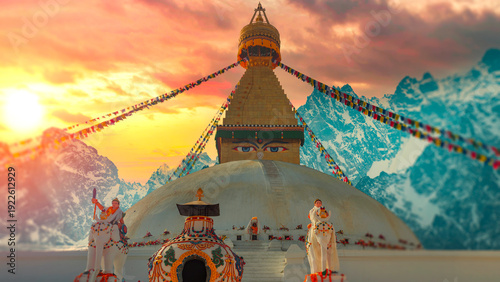 Iconic Boudhanath Stupa at sunset with the Himalayan mountains, Kathmandu, Nepal