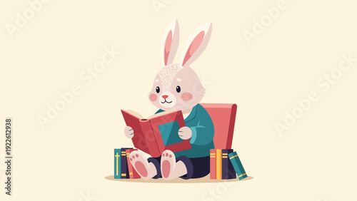 A cartoon rabbit wearing a jacket sits reading a red book near a pile of books