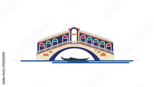 Colorful illustration of a Venetian bridge with gondola below  