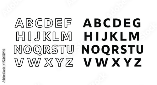 Complete English Alphabet Set Featuring Bold Solid and Outline Sans-Serif Uppercase Letters for Graphic Design, Branding, and Educational Learning Materials