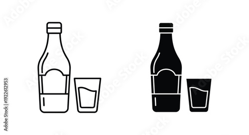 Minimalist vector icons featuring a glass bottle and a shot glass in both outline and solid black styles, ideal for bar menus, beverage branding, and hospitality industry signage.