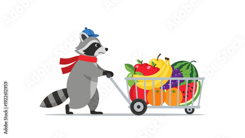 A cartoon raccoon in a hat and scarf pushes a cart full of fruit