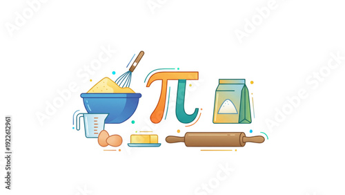 Baking ingredients with mixing bowl, eggs, and rolling pin illustration  