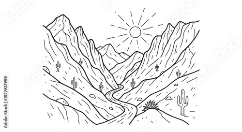 Mountain valley road in desert with sun line art
