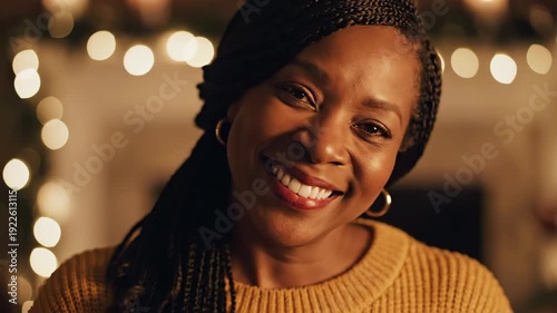 Close-up portrait of a beautifully smiling African American woman with braided hair and a warm sweater, captured with a soft focus and bokeh background of Christmas lights, radiating joy.