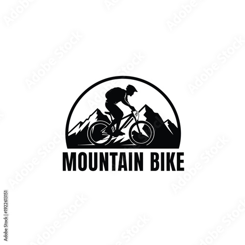 Vector illustration icon mountain bike logo with silhouette of rider on hills and mountains
