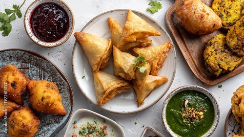 A variety of Indian samosas and snacks arranged on a white table with dipping sauces