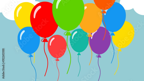 A cluster of brightly colored balloons against a light blue sky with white clouds