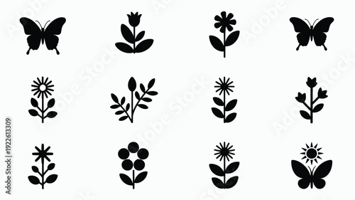 Collection of stylized black vector icons featuring delicate butterflies blooming flowers with petals and stems and leafy branches arranged in a clean grid layout on a subtle light gray