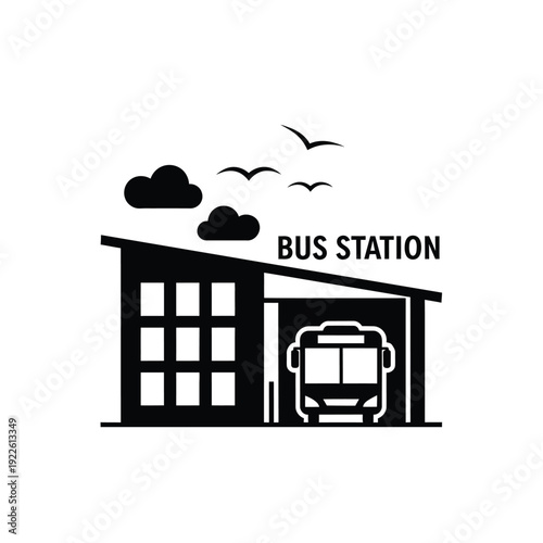 Vector illustration icon simple black and white bus station with a bus inside the building