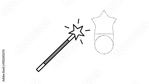 A colored magic wand next to a dashed outline of a startopped badge