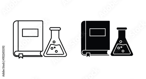 Science and education icon set featuring a textbook and laboratory flask in outline and solid black styles for chemistry research and academic study concepts.