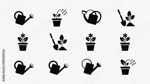 Collection of black vector gardening icons featuring watering cans and potted plants in a grid layout on a light gray background perfect for horticulture and gardening themes