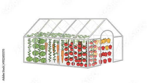 A diagram of a greenhouse filled with various vegetables and crops growing inside