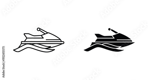 Set of minimalist jet ski icons in outline and solid black styles, perfect for summer water sports, marine recreation, and travel agency branding on a white background.