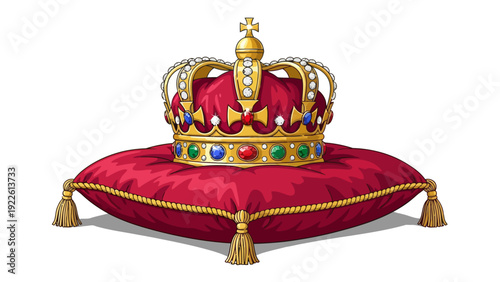 A gold jeweled crown rests on a red tasseled cushion